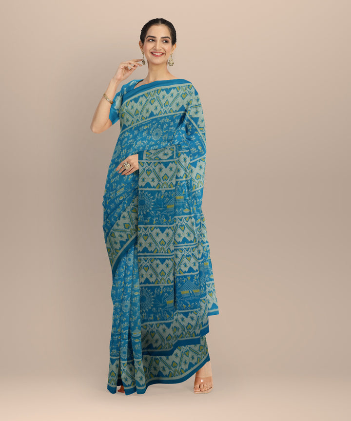 Sky blue off white silk handloom sambalpuri saree
