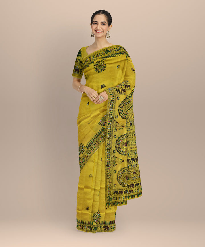Yellow multi colour silk handloom tussar saree