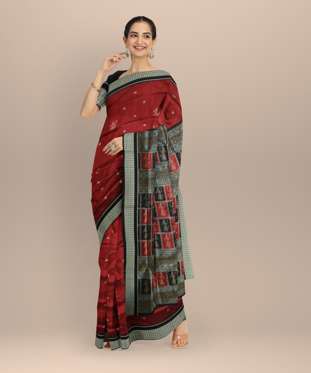 Maroon black silk handloom bomkai saree