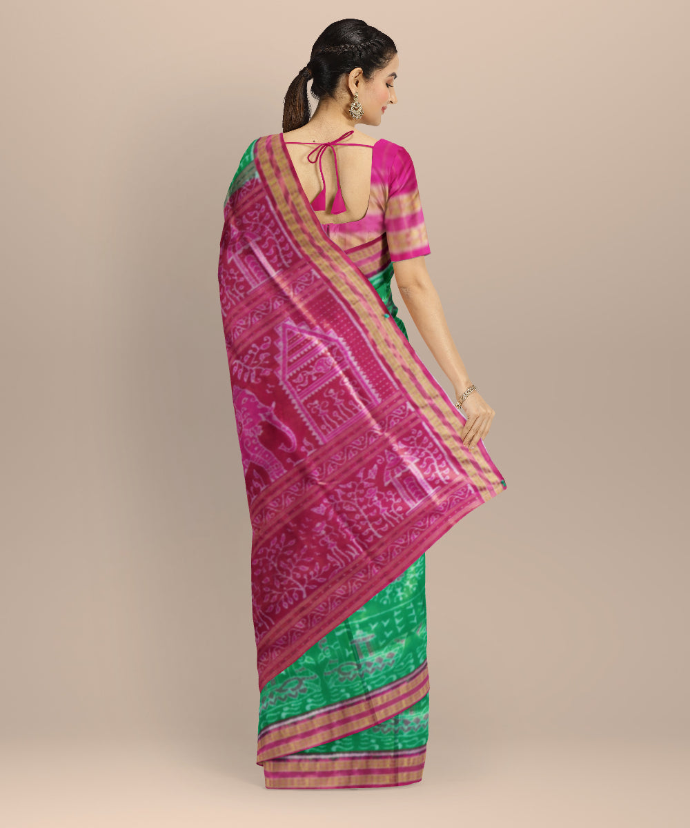 Dark Pastel Green & Bright Pink Tissue Silk Sambalpuri Handloom Saree