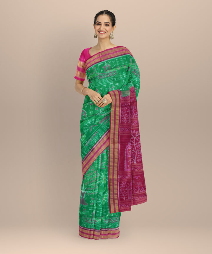Dark Pastel Green & Bright Pink Tissue Silk Sambalpuri Handloom Saree