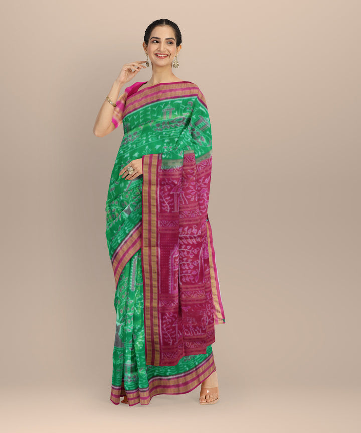 Dark Pastel Green & Bright Pink Tissue Silk Sambalpuri Handloom Saree