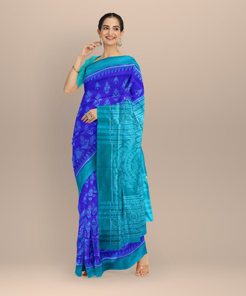 Navy Blue Bright Turquoise Silk Handloom Sambalpuri Saree