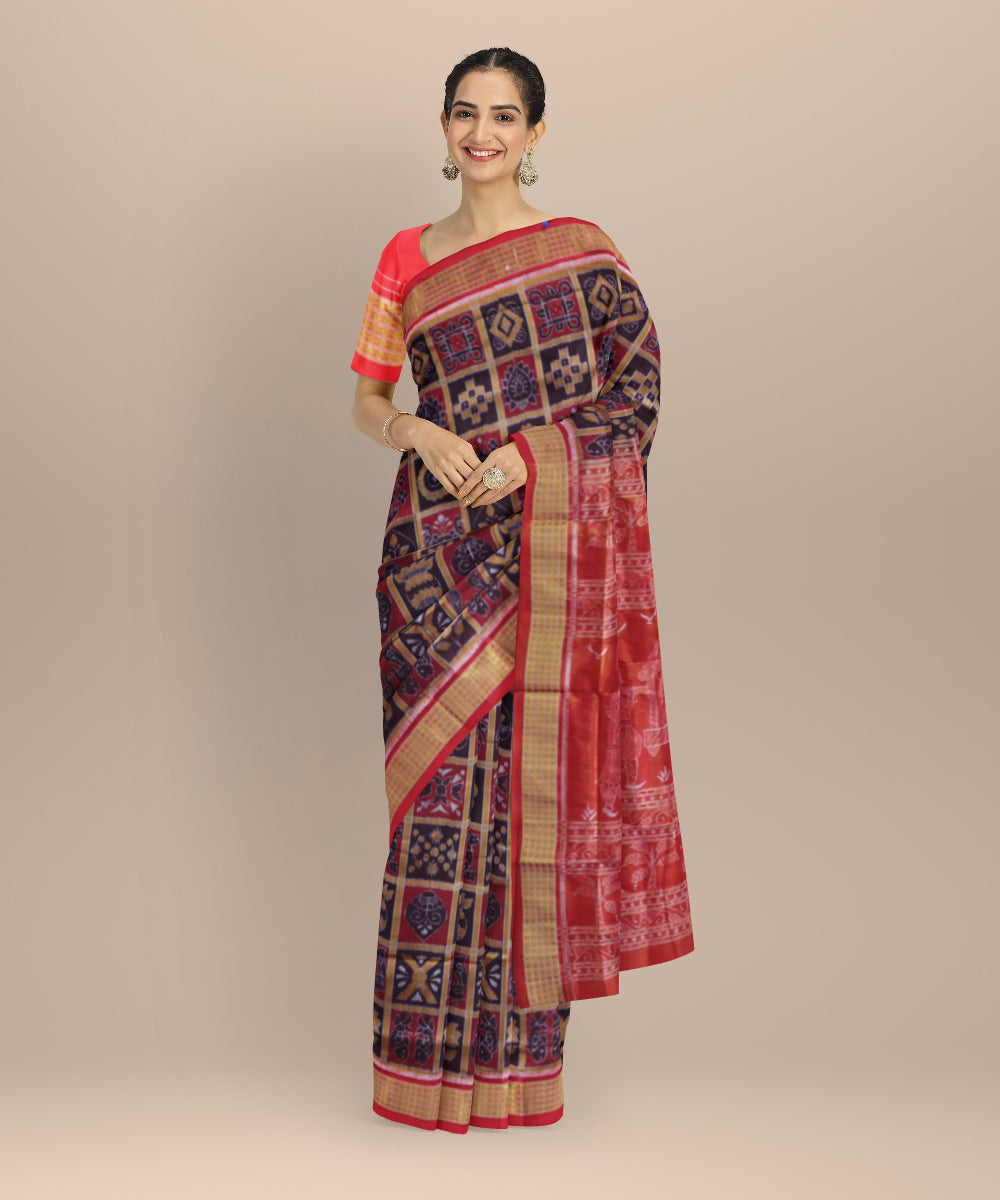 Multicolor dark red silk handloom sambalpuri saree