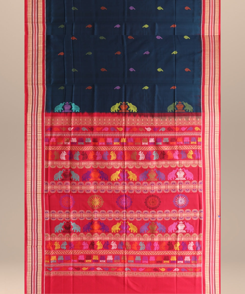 Cyan blue dark red cotton handloom bomkai saree