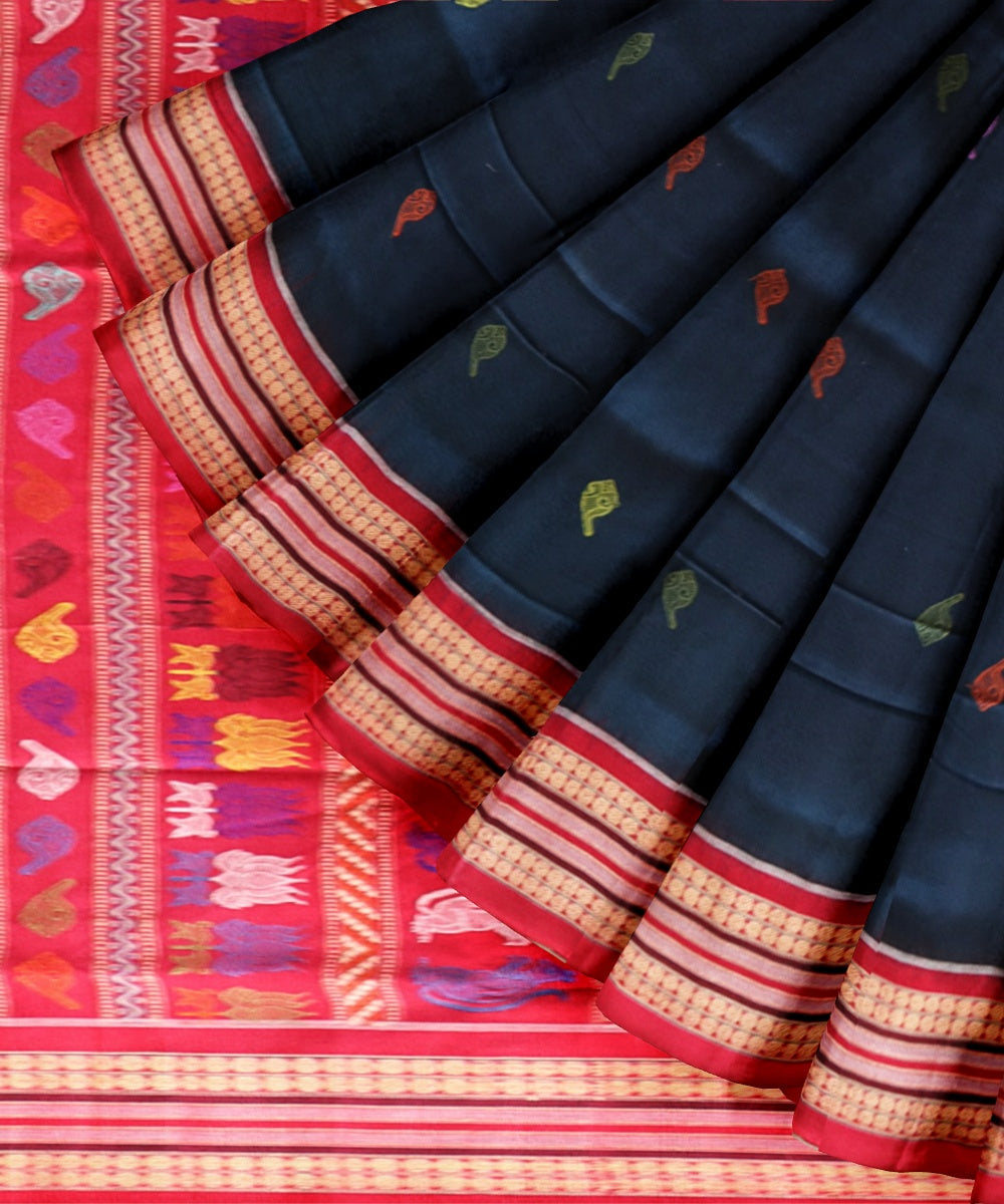 Cyan blue dark red cotton handloom bomkai saree
