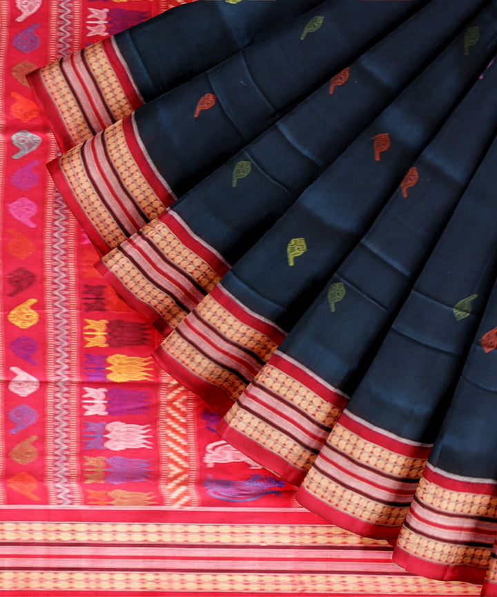 Cyan blue dark red cotton handloom bomkai saree