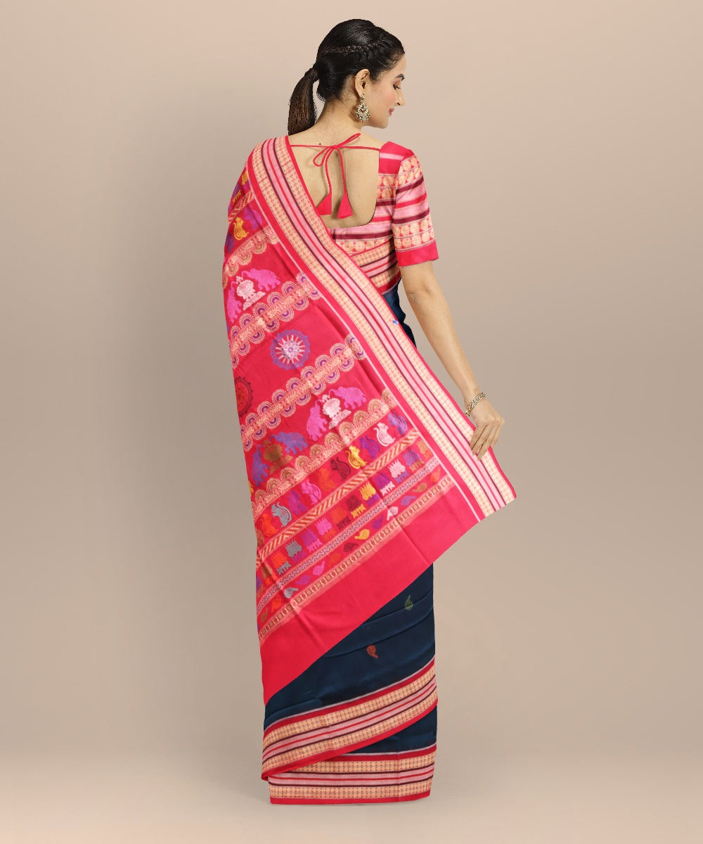 Cyan blue dark red cotton handloom bomkai saree