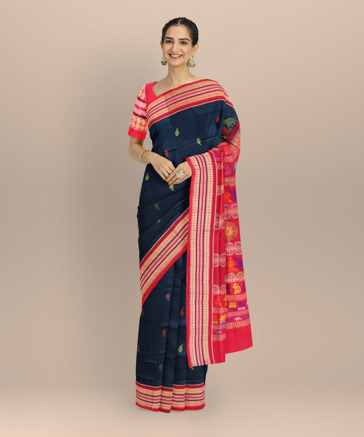 Cyan blue dark red cotton handloom bomkai saree