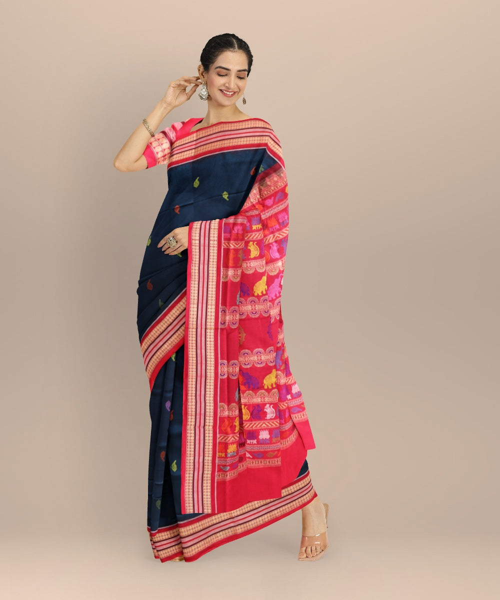 Cyan blue dark red cotton handloom bomkai saree