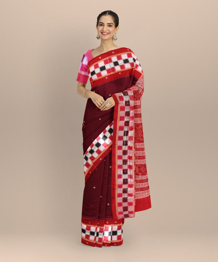 Maroon dark red cotton handloom sambalpuri saree