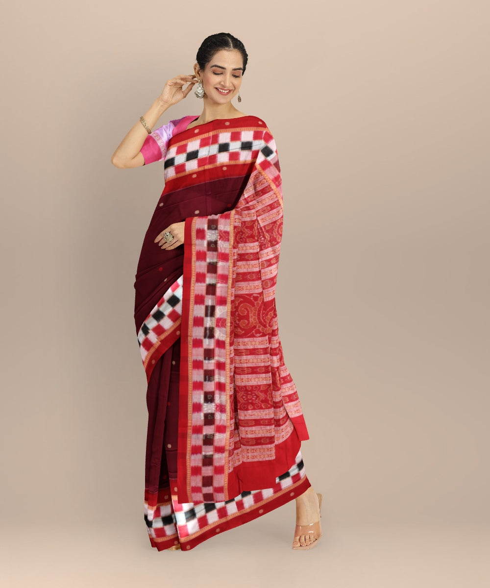 Maroon dark red cotton handloom sambalpuri saree
