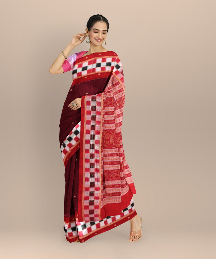 Maroon dark red cotton handloom sambalpuri saree
