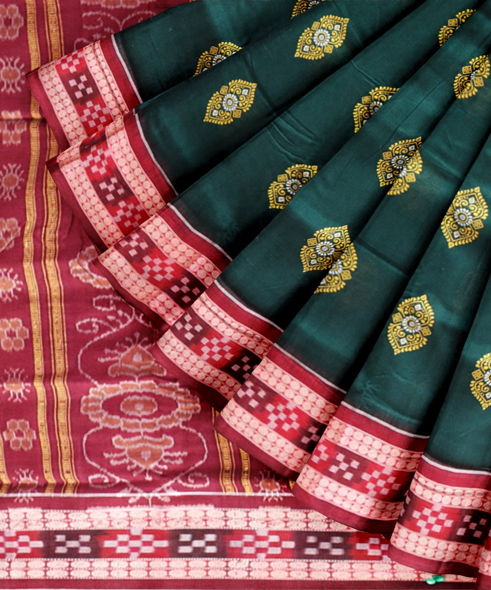 Dark green maroon cotton handloom bomkai saree