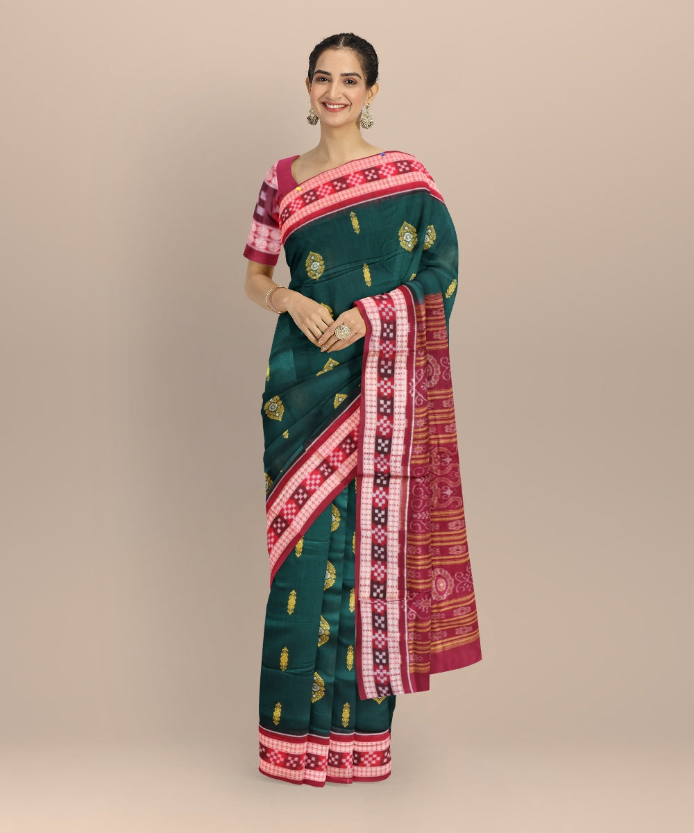Dark green maroon cotton handloom bomkai saree