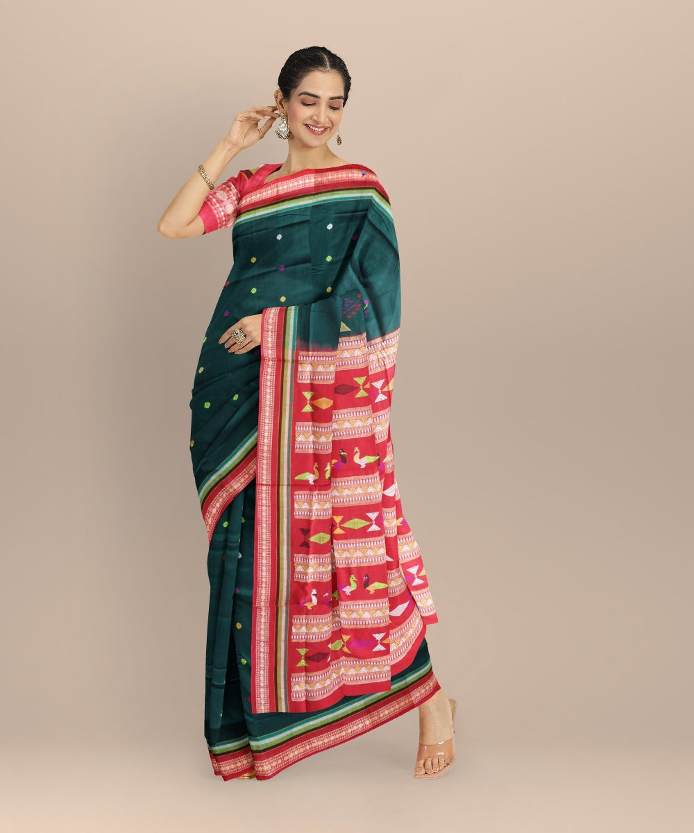 Dark green maroon cotton handloom bomkai saree