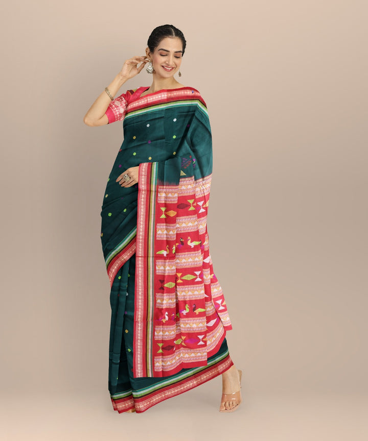 Dark green maroon cotton handloom bomkai saree