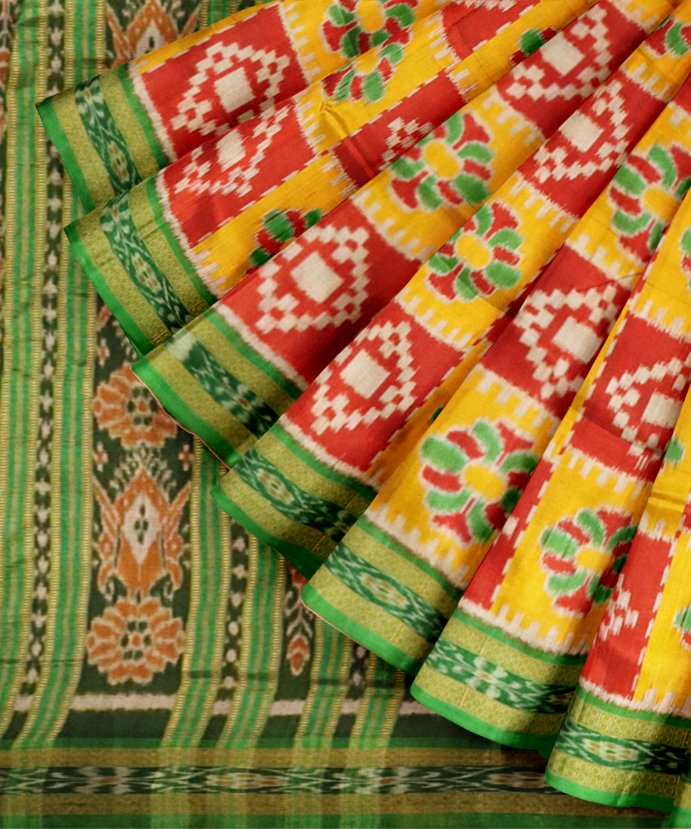 Boston university red lemon dark green silk handloom khandua saree
