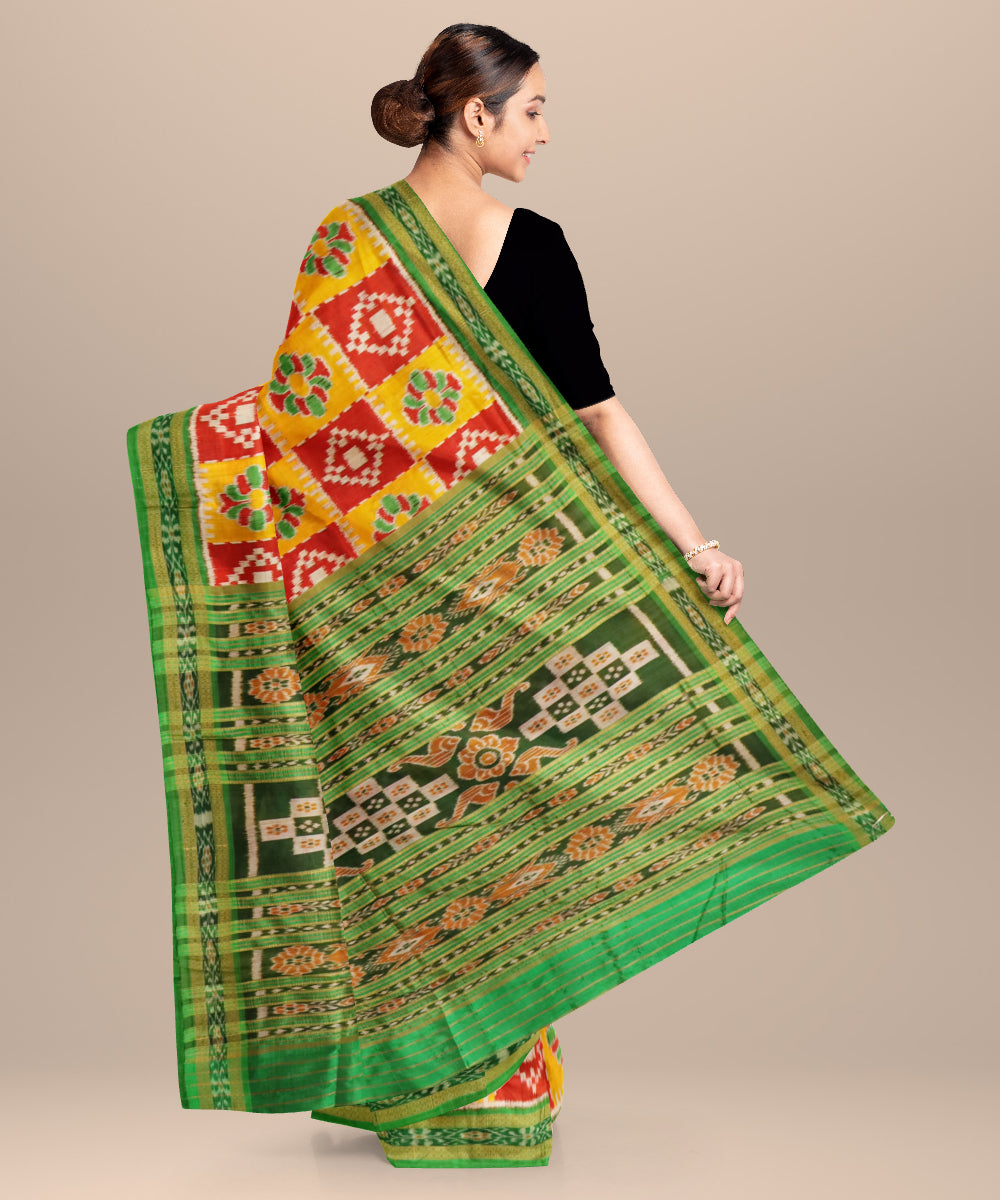 Boston university red lemon dark green silk handloom khandua saree