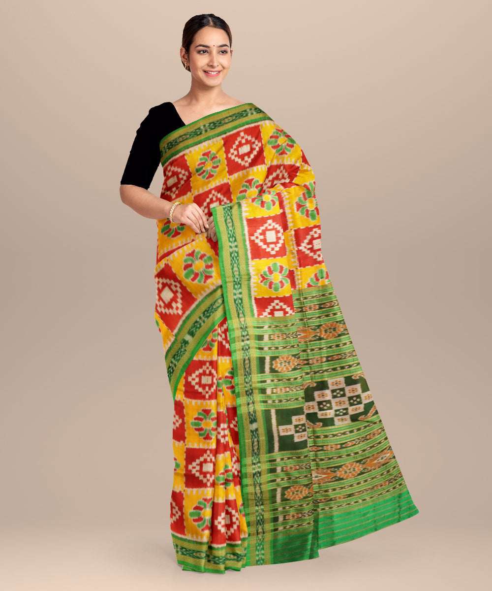 Boston university red lemon dark green silk handloom khandua saree