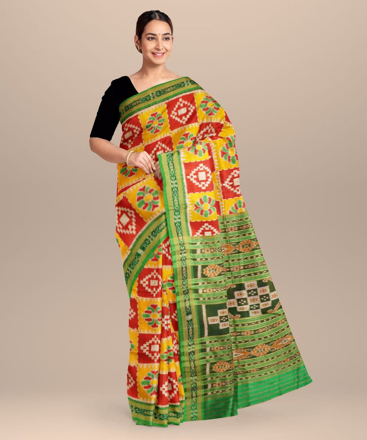 Boston University Red Lemon Dark Green Silk Handloom Khandua Saree
