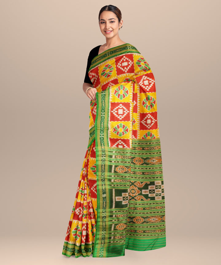 Boston university red lemon dark green silk handloom khandua saree