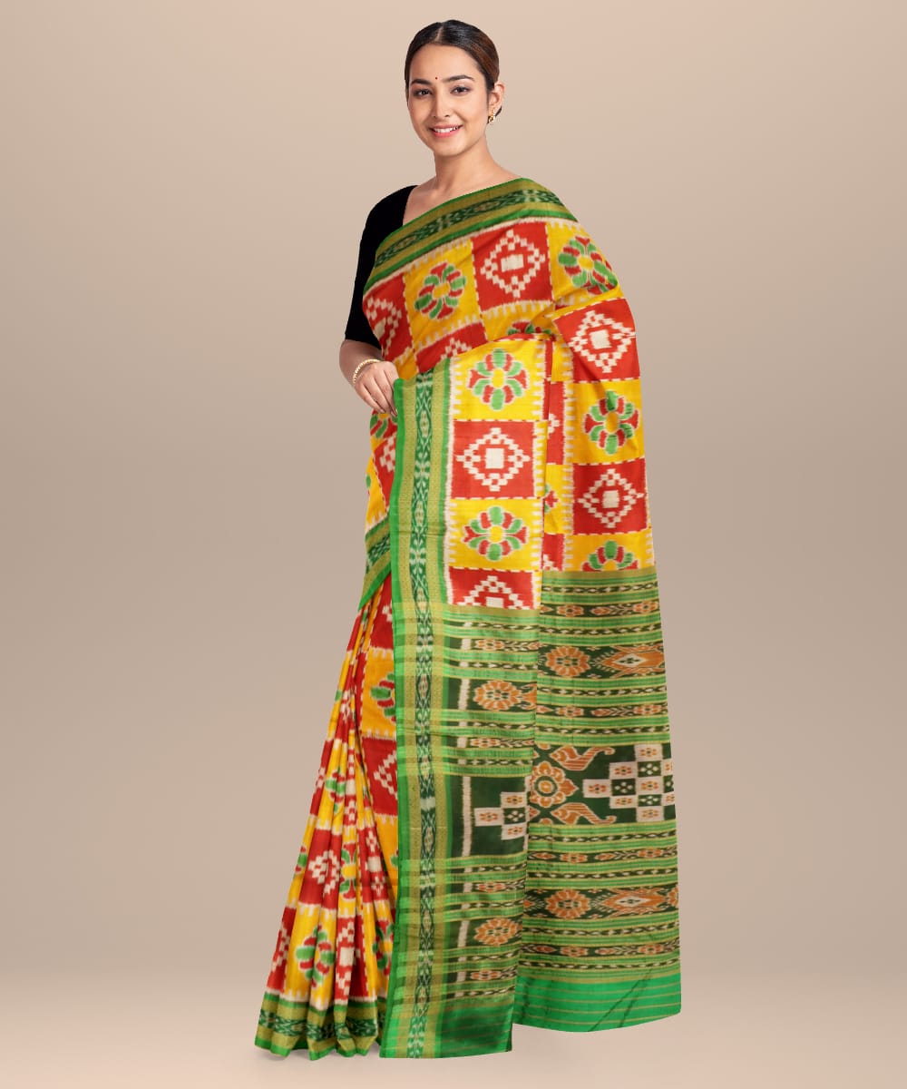 Boston University Red Lemon Dark Green Silk Handloom Khandua Saree