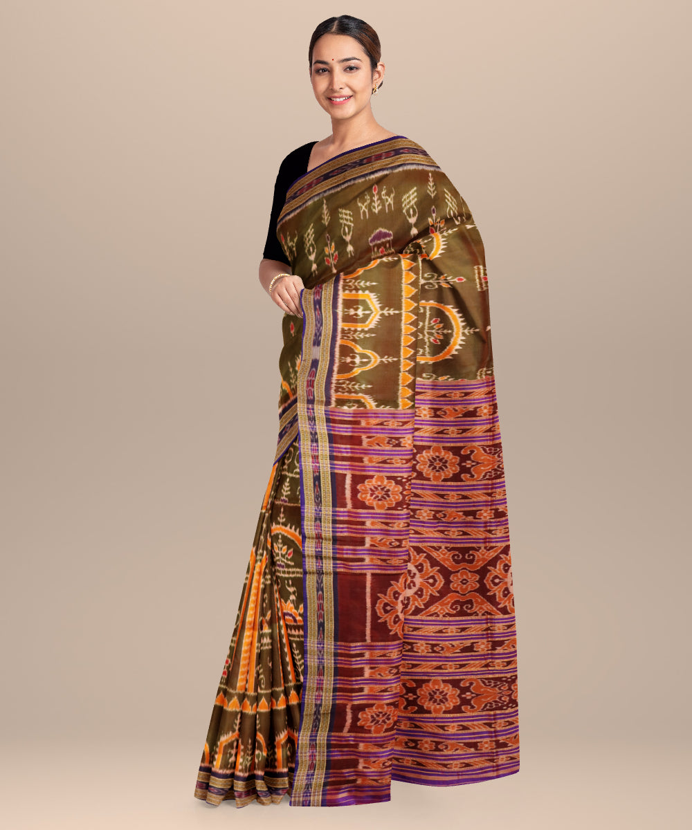 Brown blue magenta violet silk handloom khandua saree