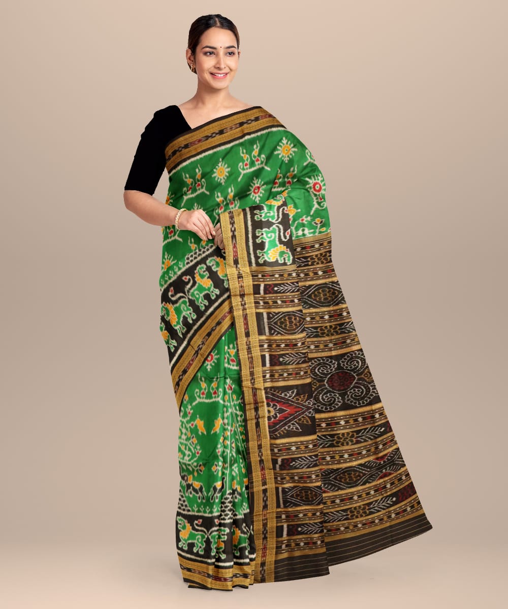 Dark Green Black Silk Handloom Khandua Saree