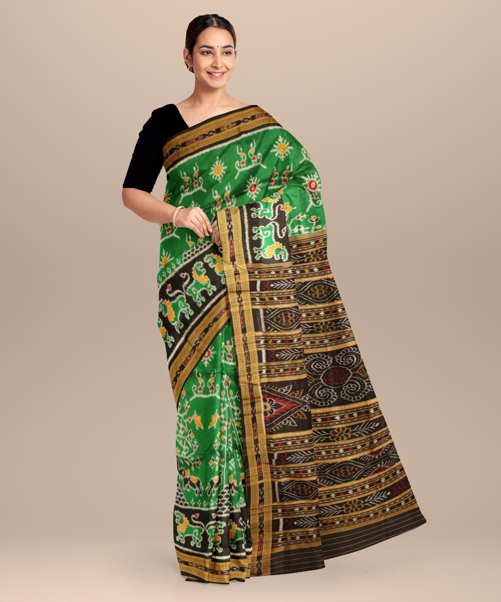 Dark green black silk handloom khandua saree