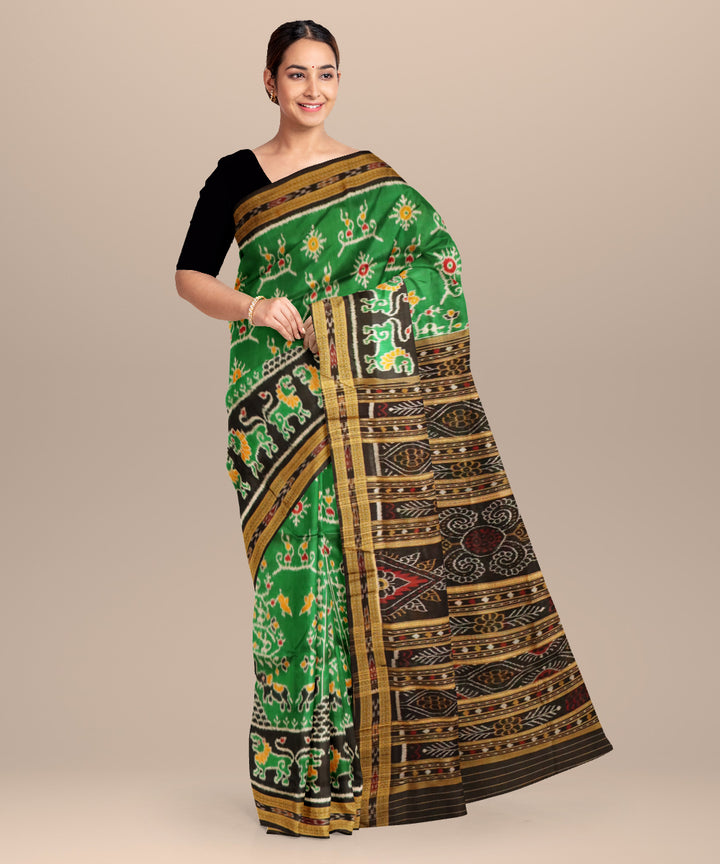 Dark green black silk handloom khandua saree