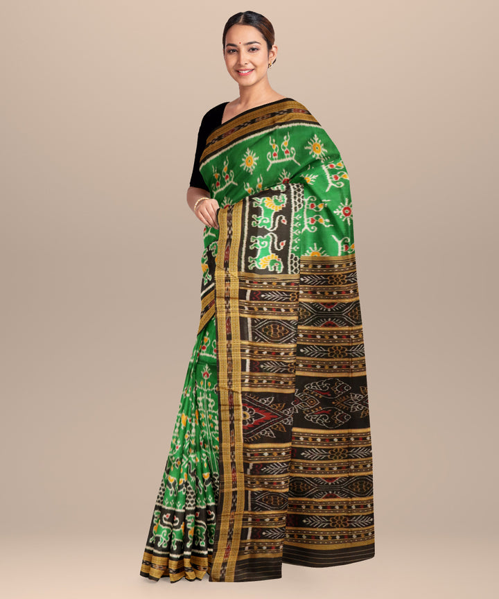 Dark green black silk handloom khandua saree