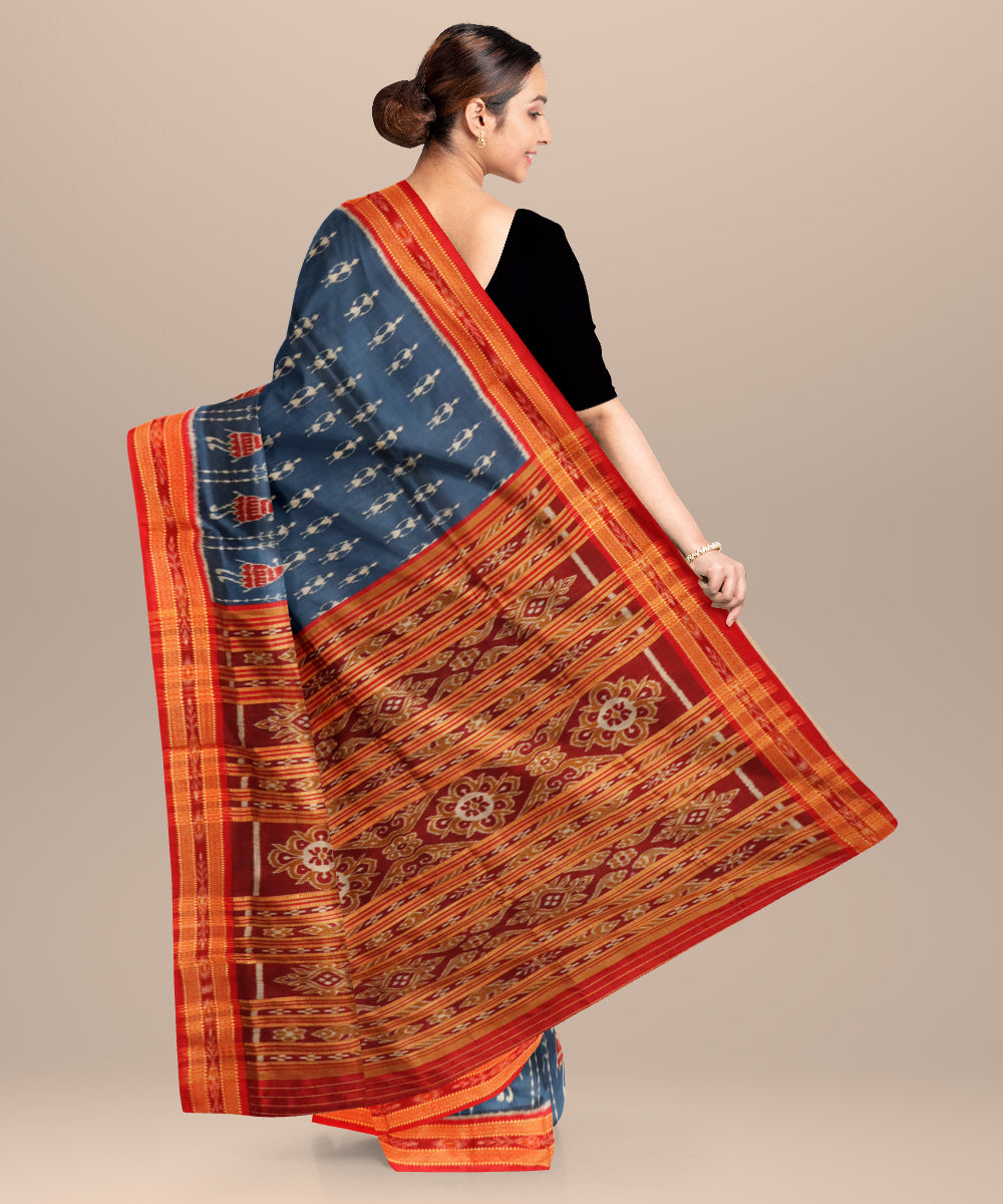 Blue yonder dark red silk handloom khandua saree