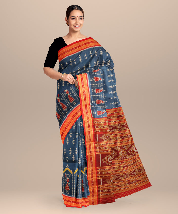 Blue yonder dark red silk handloom khandua saree