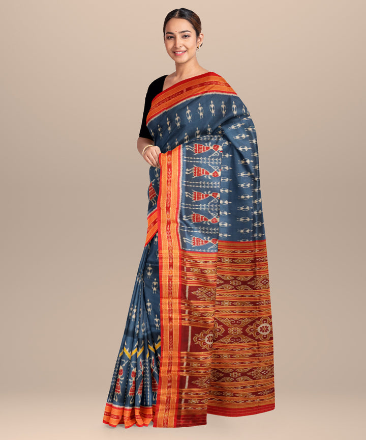 Blue yonder dark red silk handloom khandua saree