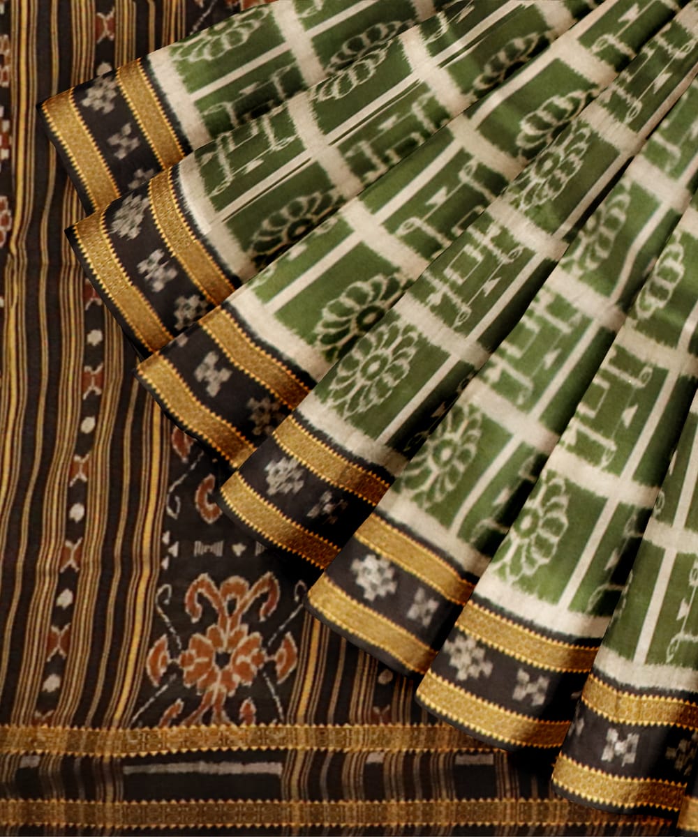 Amazon Green Black Silk Handloom Khandua Saree