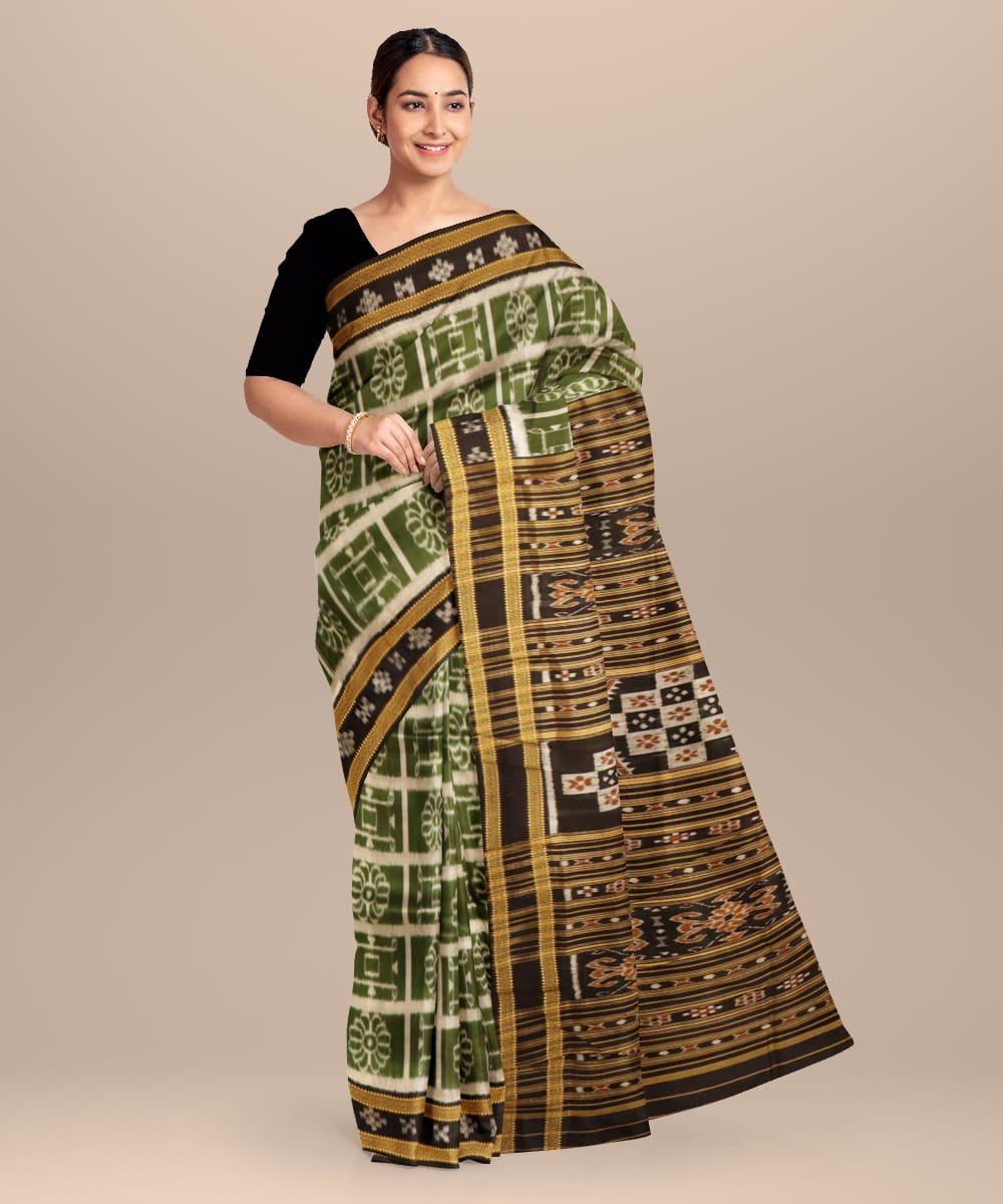 Amazon Green Black Silk Handloom Khandua Saree