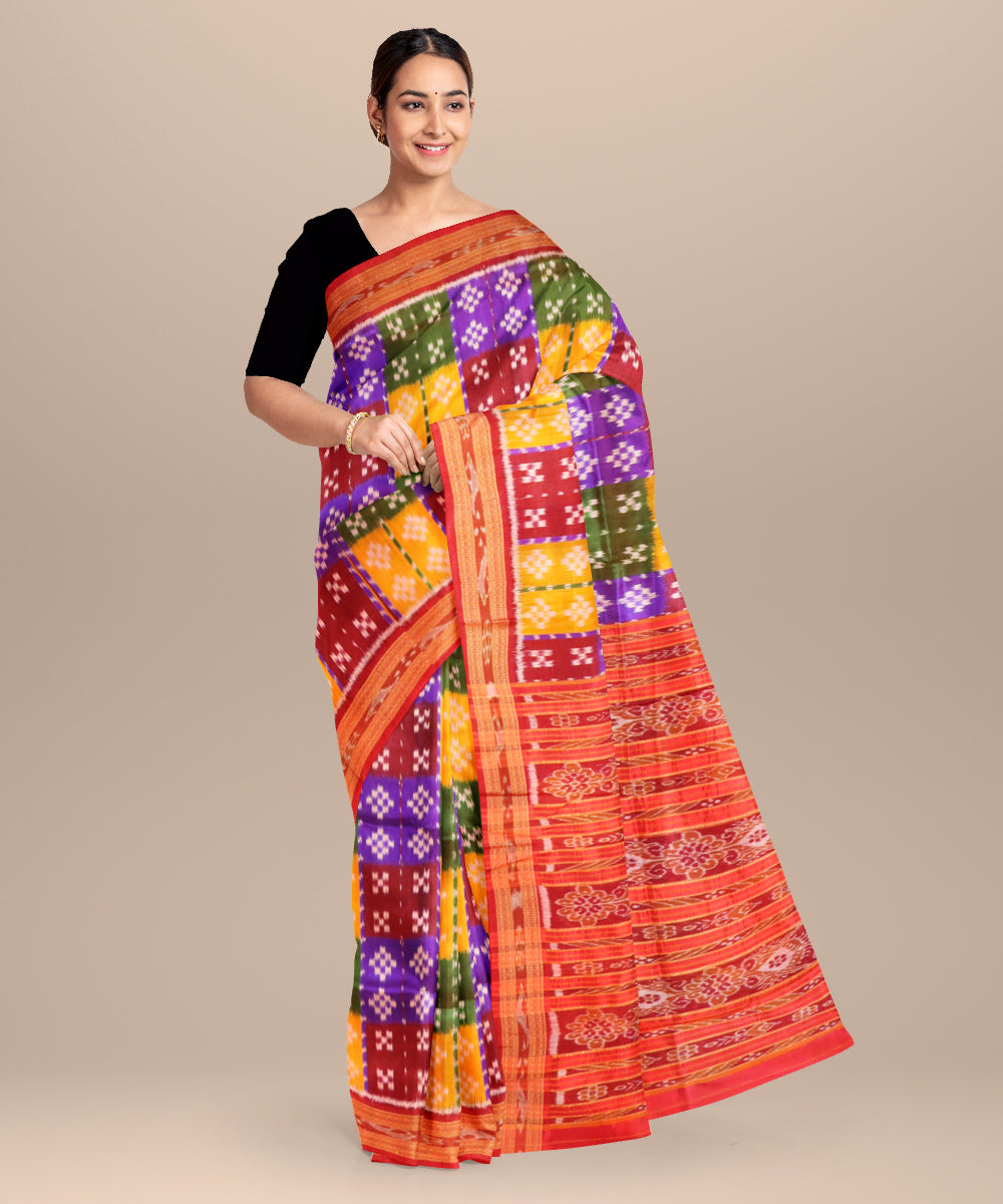 Multicolor dark red silk handloom khandua saree