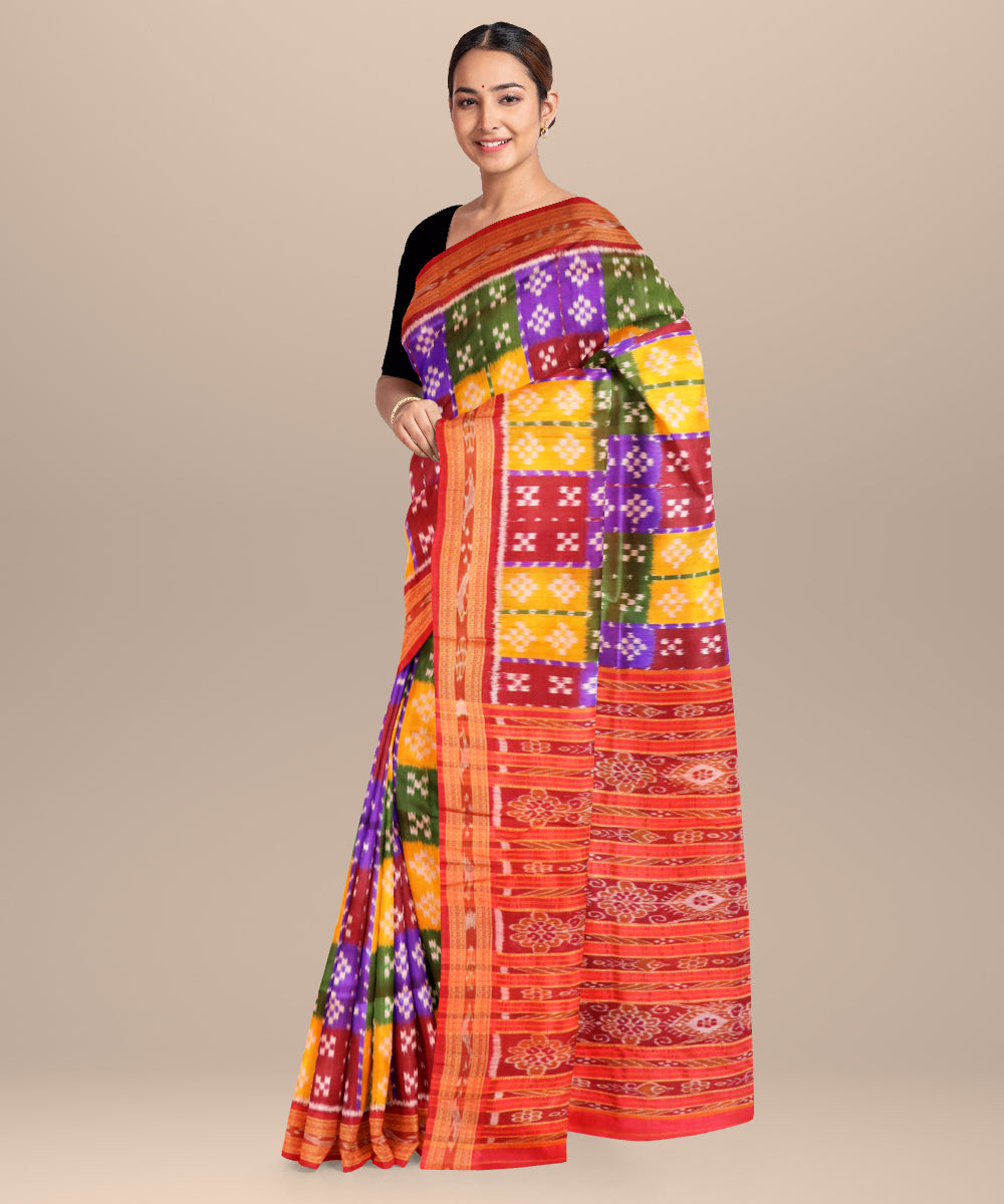 Multicolor dark red silk handloom khandua saree