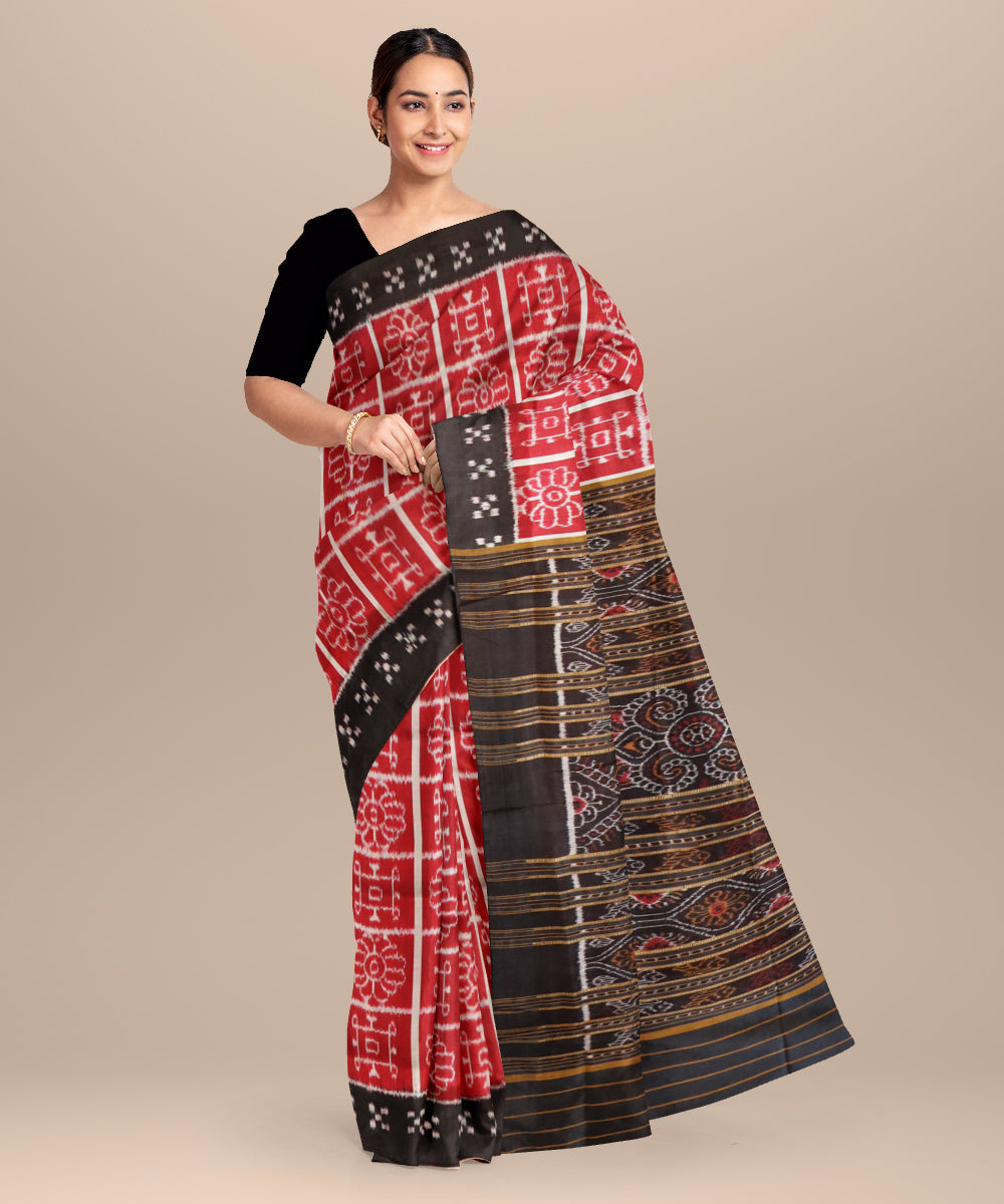 Maroon black silk handloom khandua saree