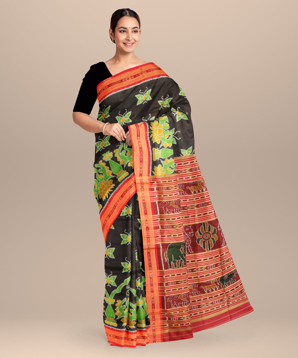 Black dark red silk handloom khandua saree
