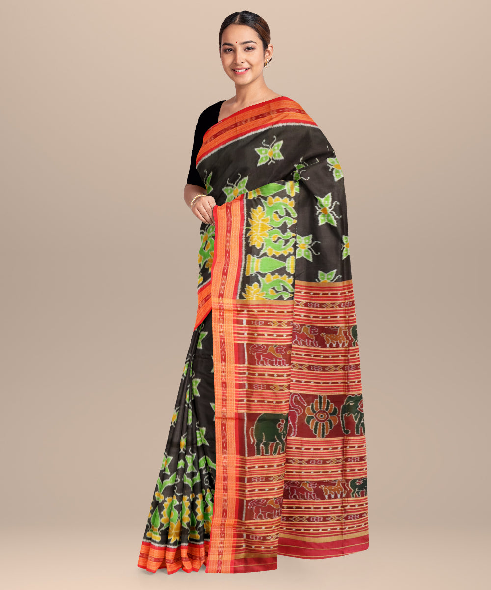 Black dark red silk handloom khandua saree