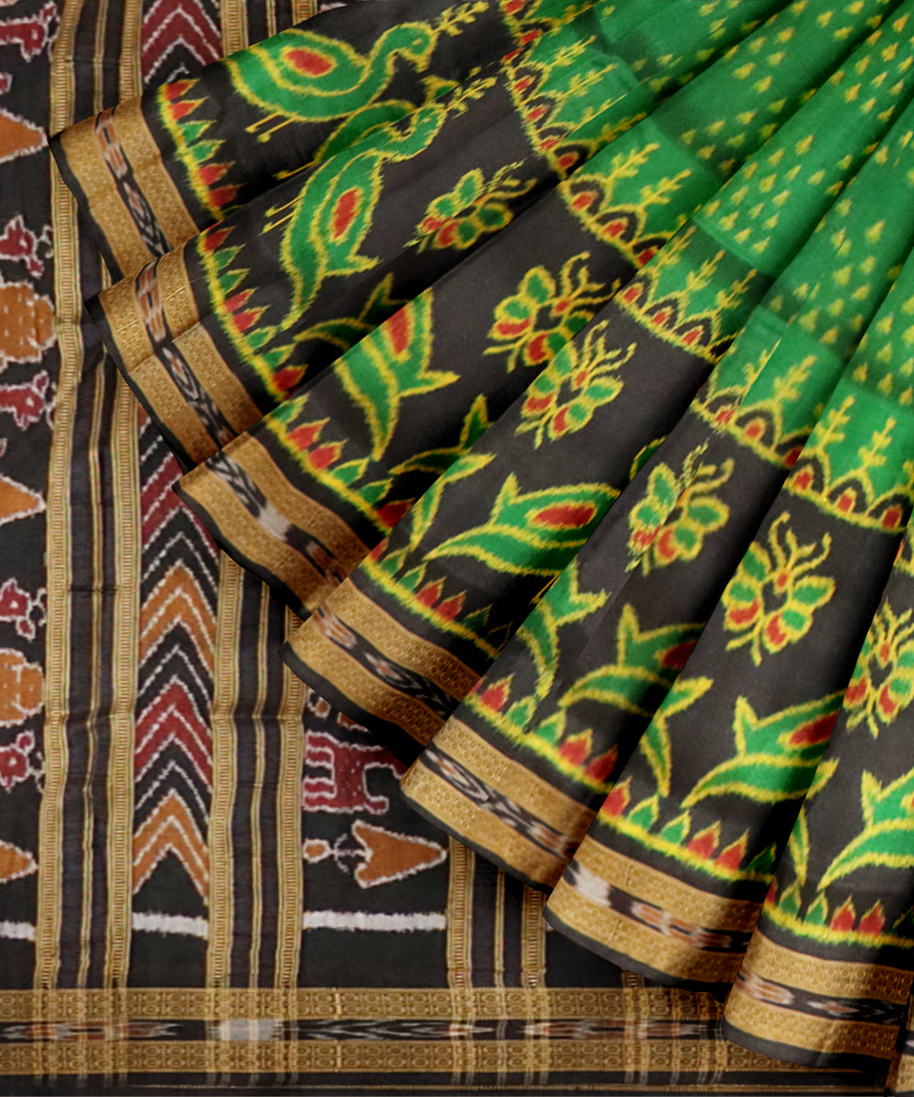 Dark green black silk handloom patli khandua saree