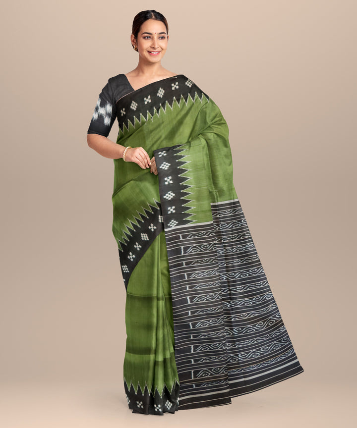 Teal green black silk handloom khandua saree