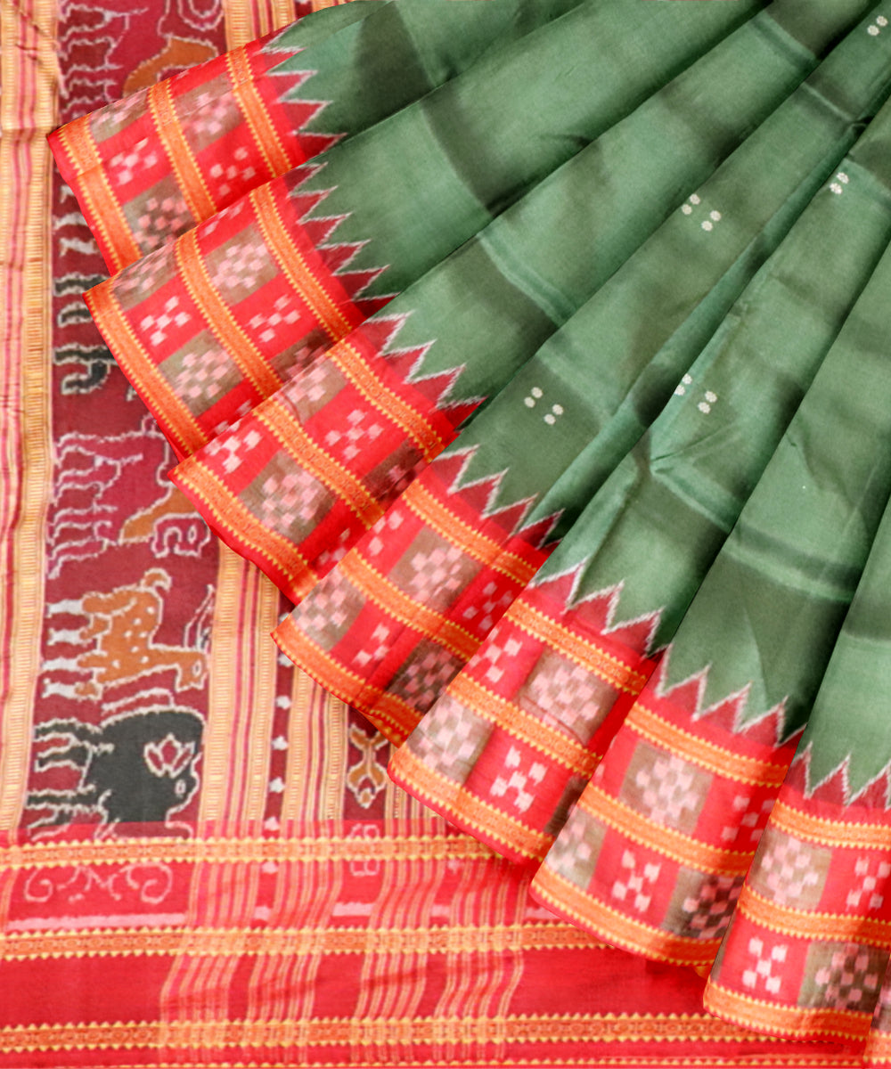 Dark green dark red silk handloom khandua saree