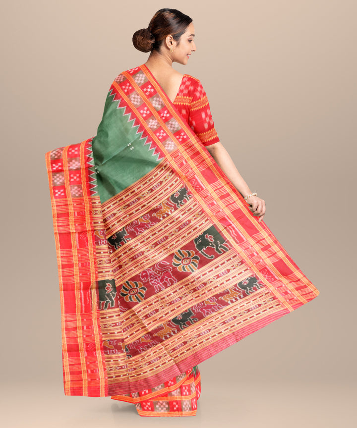 Dark green dark red silk handloom khandua saree