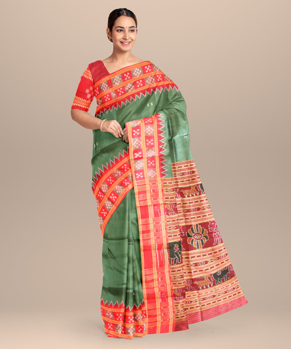 Dark green dark red silk handloom khandua saree