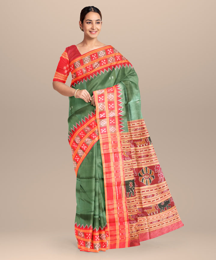 Dark green dark red silk handloom khandua saree