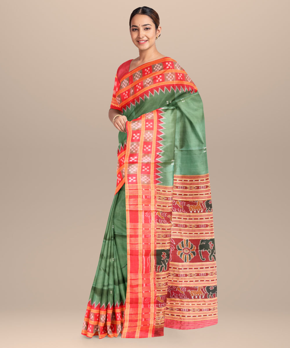 Dark green dark red silk handloom khandua saree