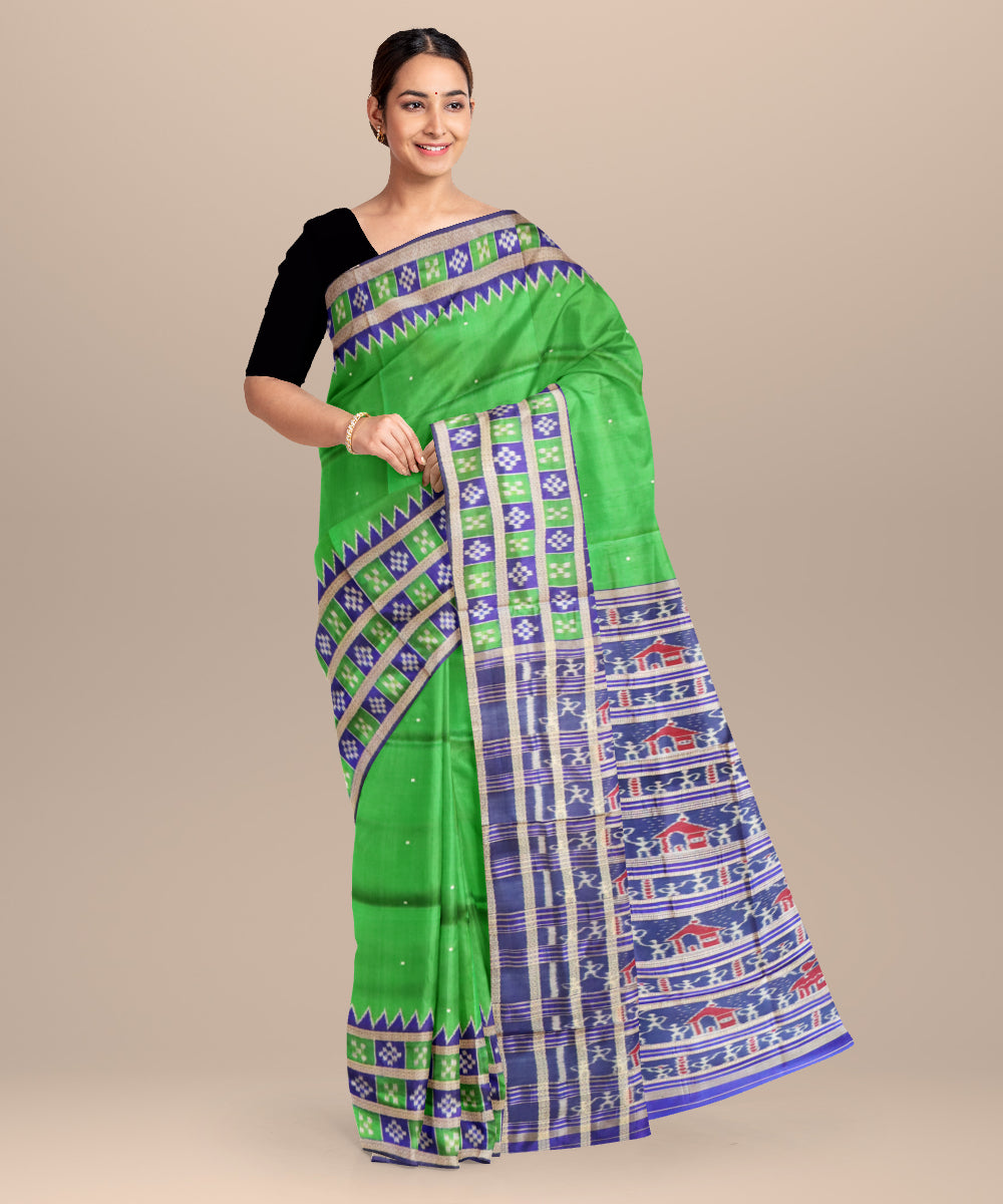 Dark green air force blue silk handloom khandua saree